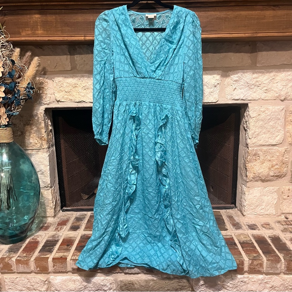 Shoshanna Katalina Turquoise Smocked Empire Waist Midi Dress